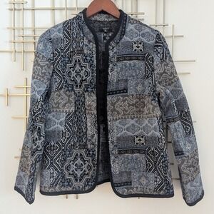 Violet B Patchwork Tapestry Collarless Open Front Jacket Blue Grey Women's Sz M